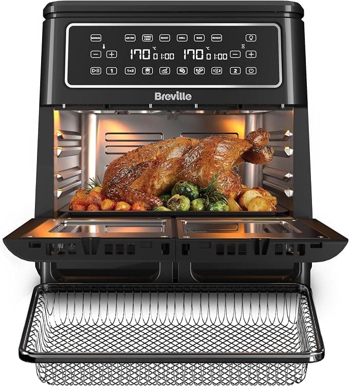 Breville Halo Flexi Air Fryer & Large Mesh Tray | Digital Dual Air Fryer Oven | 11L: Serves 10+ | FryBakeGrillRoast & Reheat | 2400 W | Save £65 a Year on Energy Bills* | Black [VDF138]