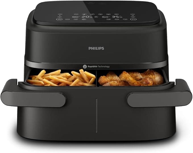 Philips Dual Basket Airfryer 1000 Series - 7.1L Mega Draw or Dual 3.5L+3.5L cooking zone, RapidAir Technology, 10 Cooking Functions, 90% Less Fat, Compact Design, (NA154/09)
