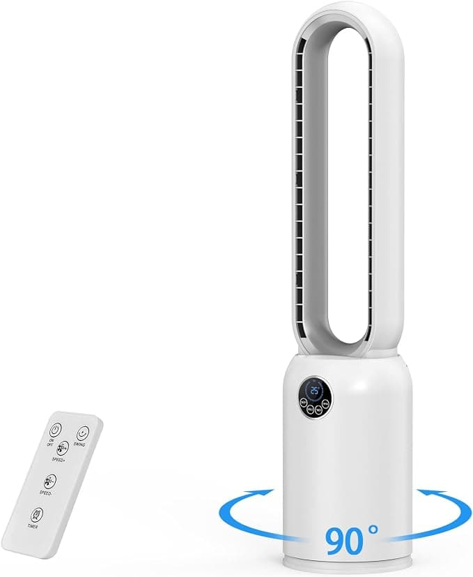 Silent Bladeless Portable Tower Fan - 24 Speeds Cooling Fan with Remote Control, 12H Timer, LED Display, Anion Air Purifier, 90° Oscillation Standing Fans for Bedroom, Home, Office