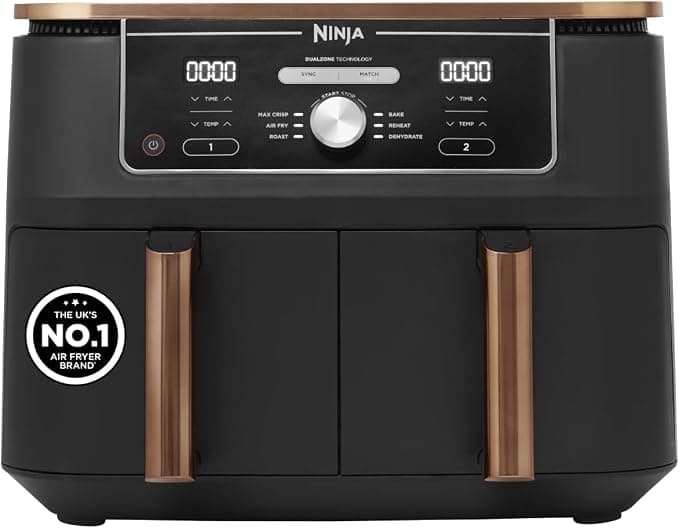 Ninja Foodi MAX Dual Zone Air Fryer, Amazon Exclusive, Tongs, 2 Drawers, 9.5L, 6-in-1, Use No Oil, Air Fry, Max Crisp, Roast, Bake, 8 Portions, Nonstick Dishwasher Safe Baskets, Copper/Black AF400UKCP