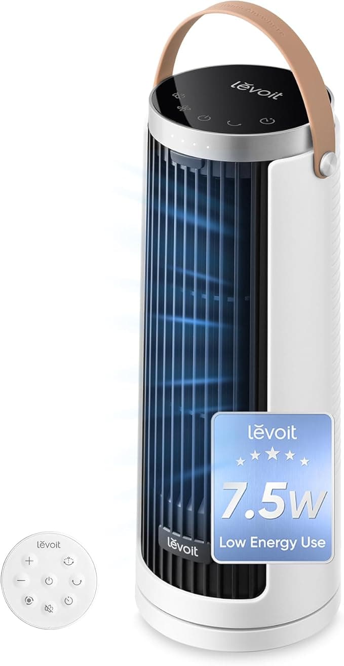 Levoit Tower Fan for Bedroom, 20dB Ultra Quiet, 2.5W-7.5W Low Power Consumption, Compact Desk Fan with Strong yet Gentle Cooling Airflow, 12H Timer, 90°Oscillation, 13'' Portable, Powerful & Valuable