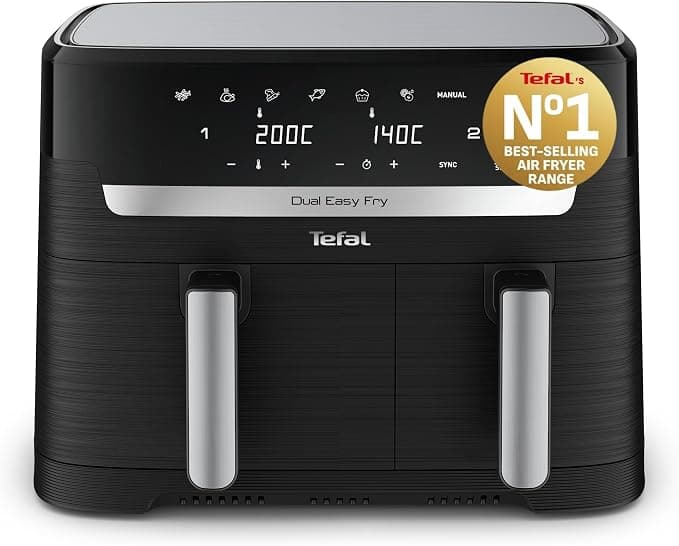 Tefal Easy Fry Dual Zone Digital Air Fryer, 2 Drawers, 8.3L, 8in1, Air Fry, Extra Crisp, Roast, Bake, Reheat, Dehydrate, 6 Portions, Non-Stick, Dishwasher Safe Baskets, Black & Metal EY901840