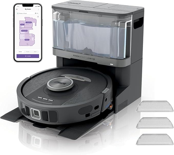 Shark PowerDetect Robot Vacuum and Mop with 30-Day Self-emptying and Cleaning Base - Anti-odour - 3D LiDAR Navigation - Wi-Fi / App - 3 Anti-microbial Pads and 2 Brushes Incl. - White